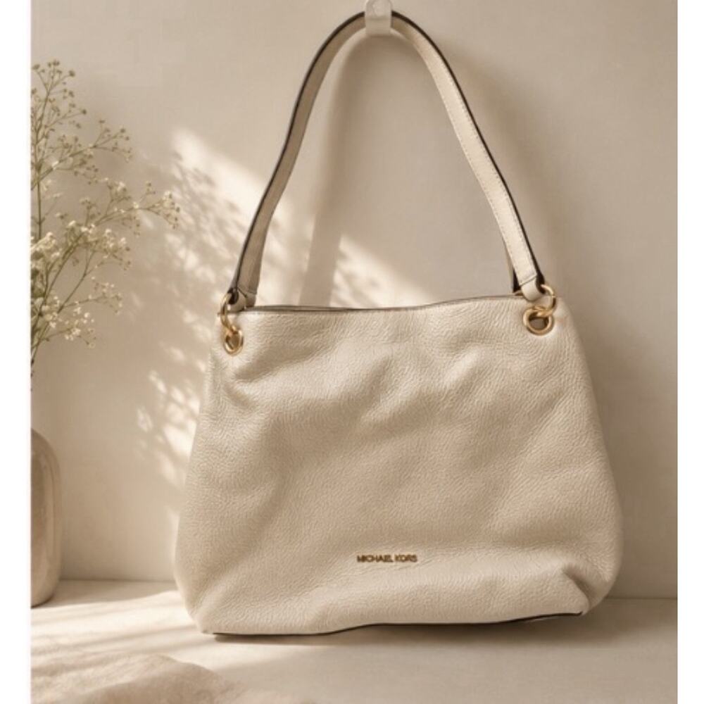 Michael Kors Ivory Pebbled Leather Shoulder Tote Bag Gold Hardware Large Hobo